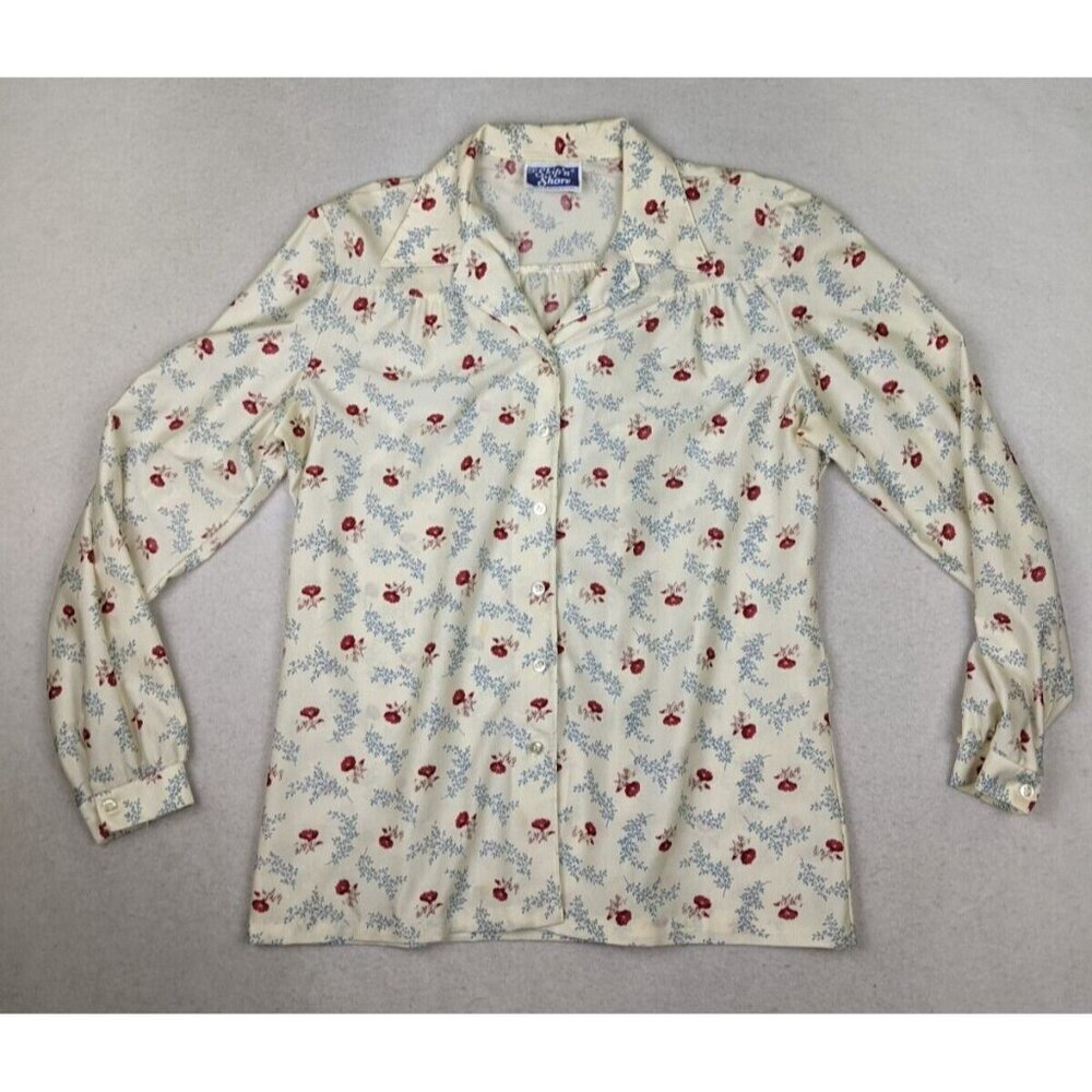 VINTAGE 70s WOMEN'S CREAM FLORAL PRINT NYLON TOP - SHIP'N SHORE - SIZE 14